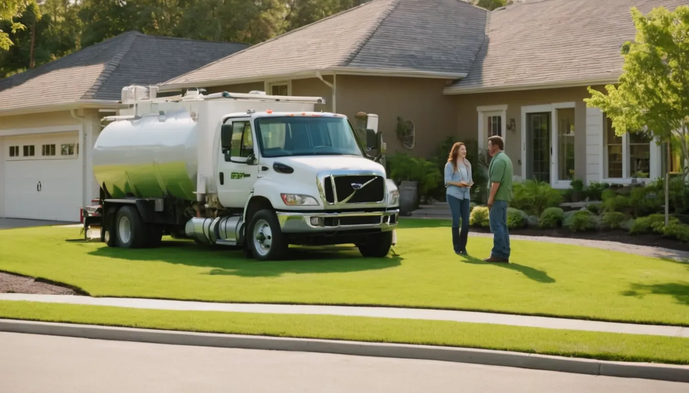A friendly local provider talking with a homeowner beside a septic tank lid in a Mason yard