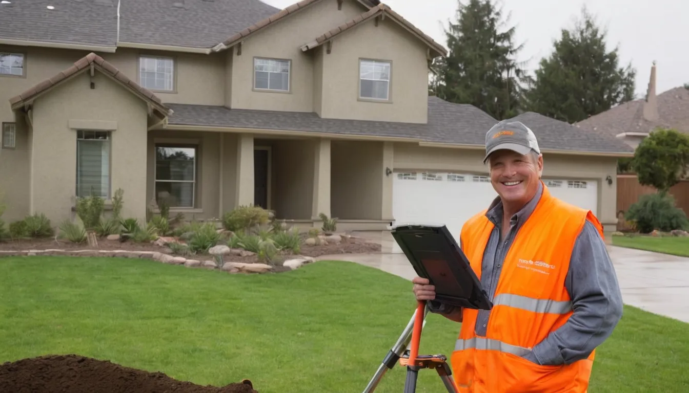 Provider reviewing a sewer line camera inspection screen with a homeowner in a yard in Mason